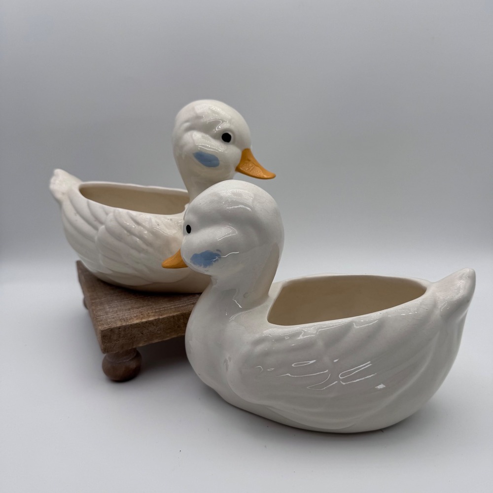 Vintage Ceramic Duck Goose Planter Set White Plant Pot 2pc Cottagecore